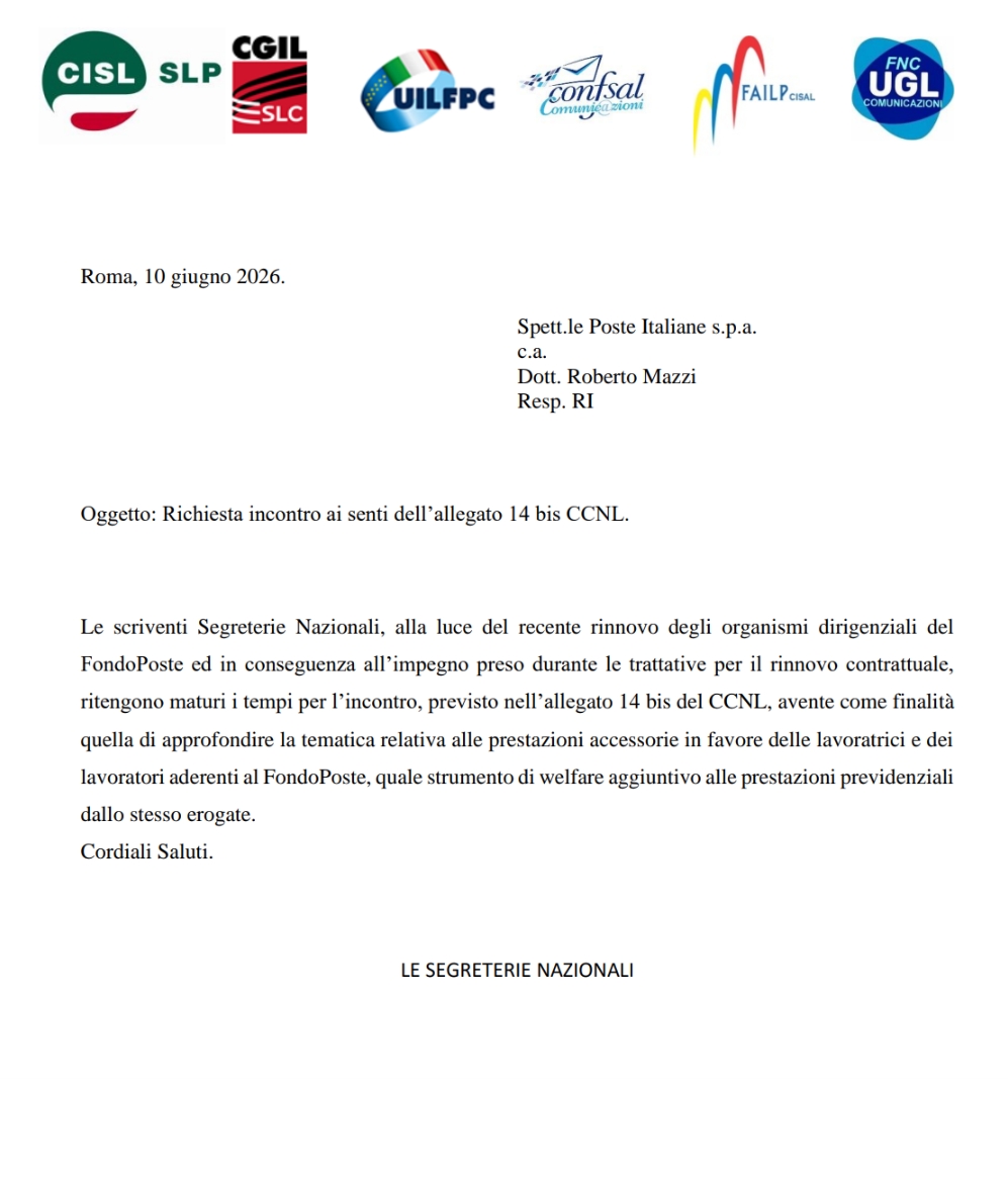 Richiesta incontro ai senti dell'allegato 14 bis CCNL