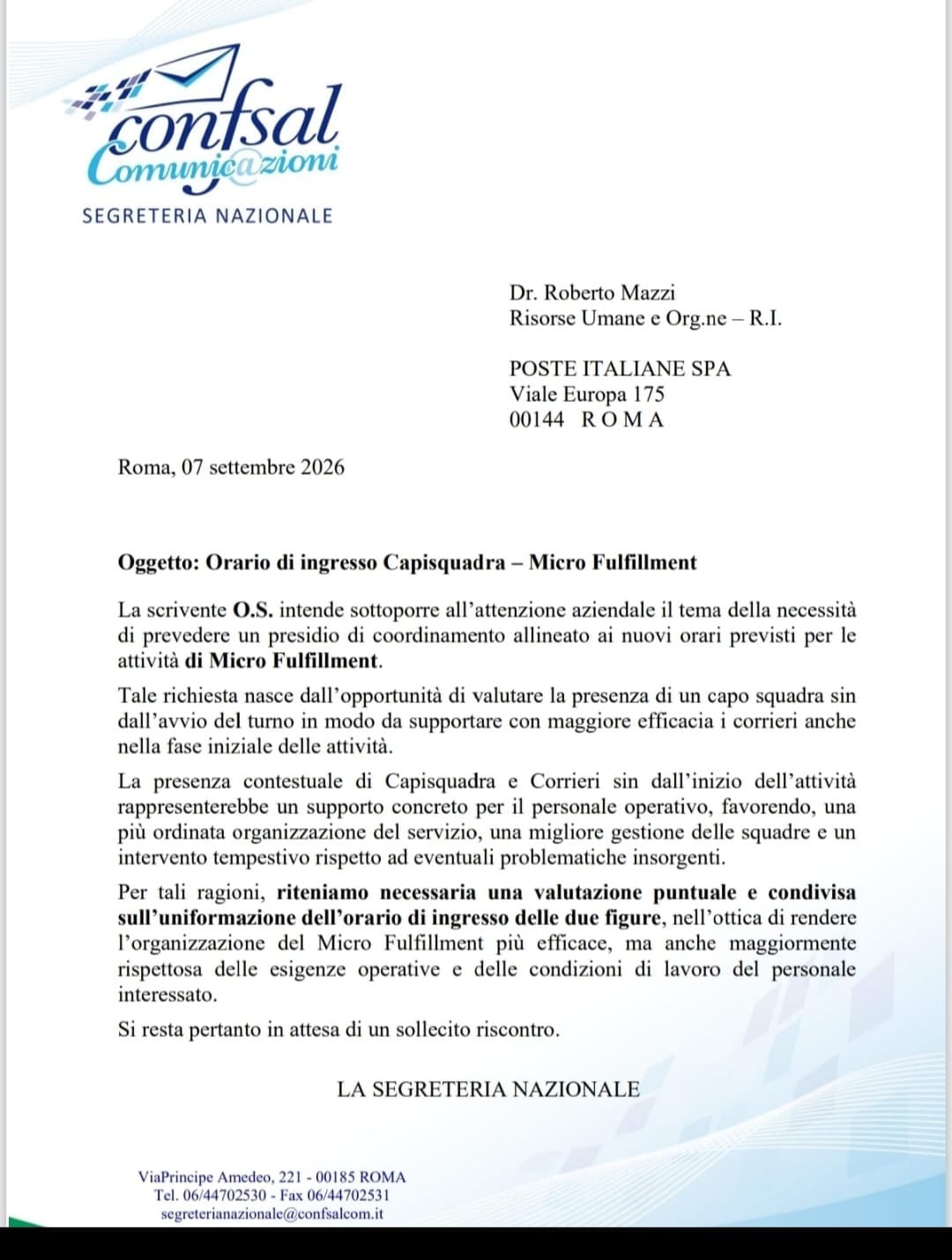 Orario di ingresso Capisquadra - Micro Fulfillment